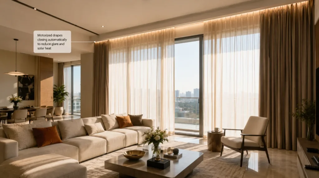 Motorized drapery shielding interiors as part of smart home energy management in Navi Mumbai