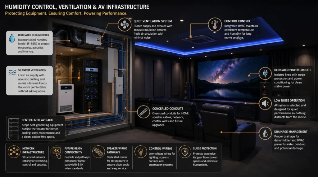 Basement Home Theater with humidity control, quiet ventilation, centralized AV rack, concealed conduits, dedicated power, and future-ready AV infrastructure.