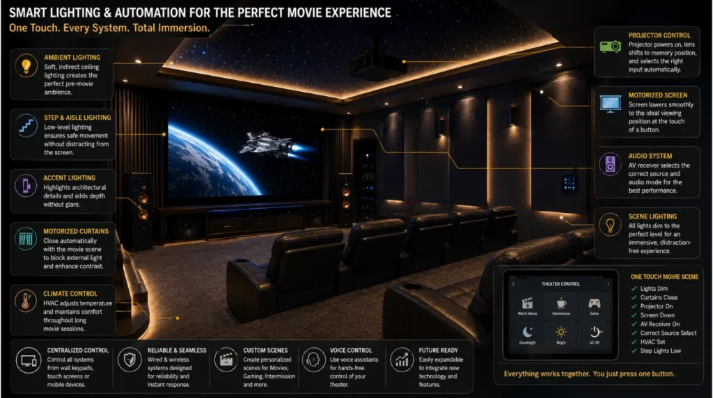 Basement Home Theater with smart lighting, motorized curtains, projector control, AV automation, smart keypad, and one-touch movie scenes
