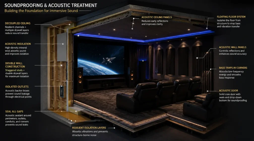 Basement Home Theater soundproofing with acoustic insulation, decoupled walls, floating floor, bass traps, acoustic panels, and sealed doors
