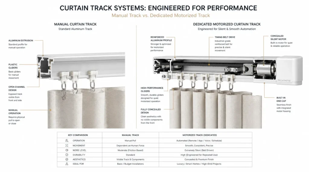 Cross-section of a professional Motorized Curtain System showing reinforced timing belt and concealed motorized track.