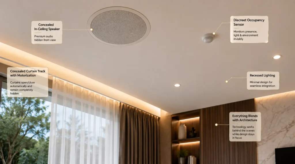 Luxury interior ceiling with concealed in-ceiling speaker, discreet occupancy sensor, recessed lighting, and integrated curtain controls demonstrating Invisible Smart Home Technology.