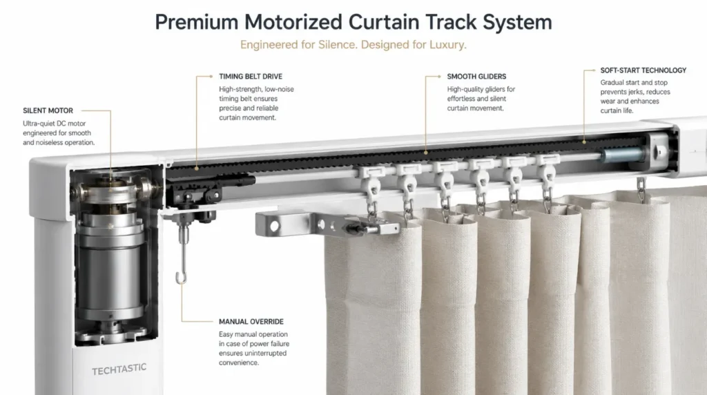 Motorized Curtain System showing quiet motor, soft-start technology, manual override, and premium smart curtain track.