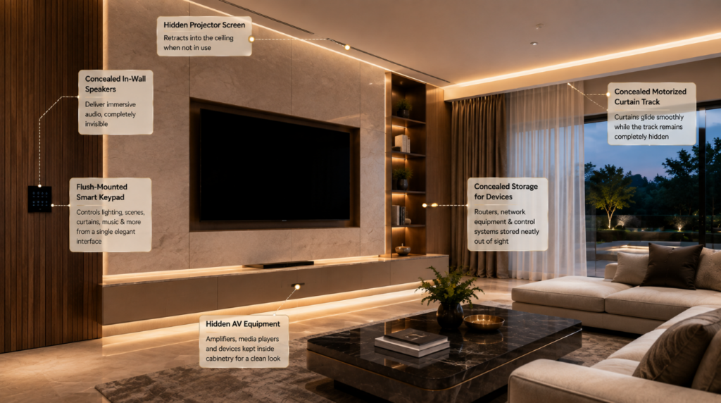 Luxury home theatre and living room showing a hidden projector screen, concealed in-wall speakers, flush-mounted smart keypad, concealed AV equipment, and motorized curtains as part of Invisible Smart Home Technology.