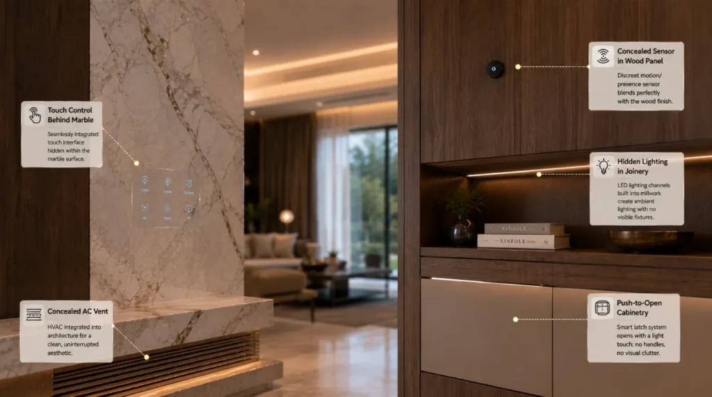 Luxury interior detail showing a discreet smart control integrated into marble, a concealed sensor in wood paneling, and hidden technology within premium cabinetry as part of Invisible Smart Home Technology.