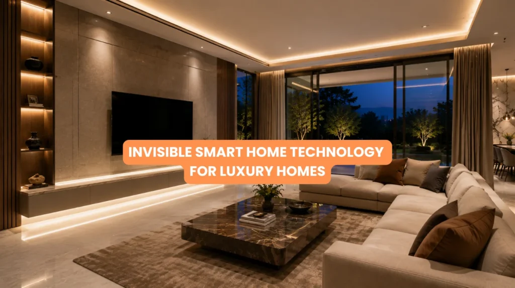 Luxury modern living room showcasing Invisible Smart Home Technology with concealed lighting, discreet controls, integrated entertainment, motorized curtains, and a clean architectural interior.