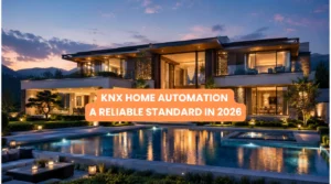 Luxury villa with integrated lighting and smart-home features, representing KNX home automation for a premium residential property.