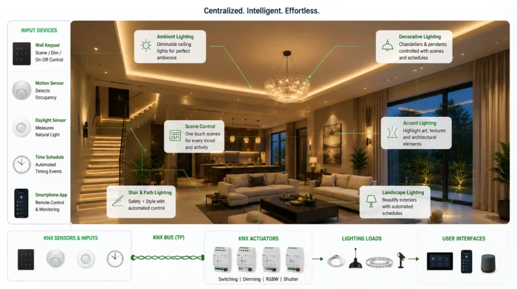 KNX home automation smart lighting system showing sensors, wall keypads, KNX bus, actuators, lighting scenes, and centralized control in a luxury living room.