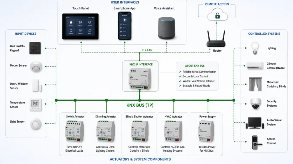 KNX home automation system architecture showing the KNX bus, sensors, actuators, IP interface, user controls, lighting, HVAC, motorized curtains, security, and AV systems.