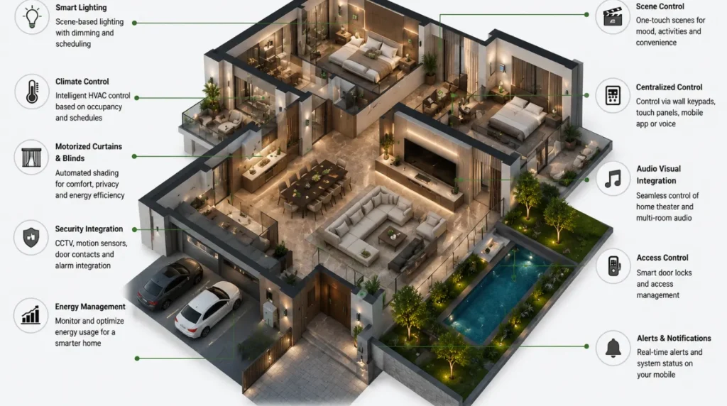 Isometric luxury villa showing KNX home automation for smart lighting, climate control, motorized curtains, security, energy management, access control, and audiovisual integration.