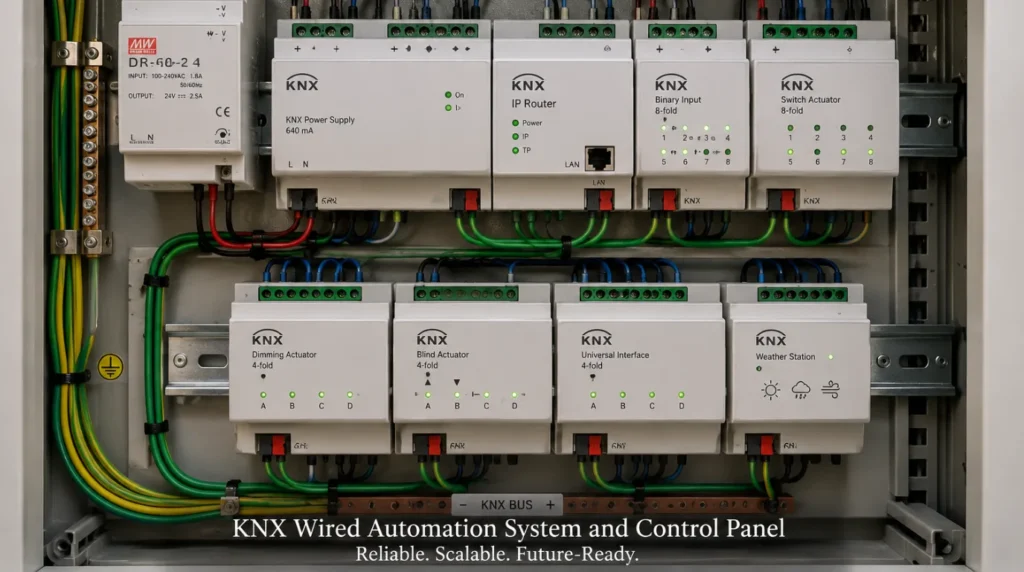 KNX Wired Automation system with organized wiring and centralized control panel for a smart home