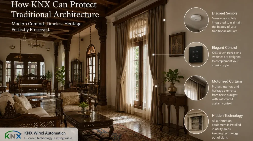 KNX Wired Automation protecting traditional architecture with discreet sensors, hidden technology, and motorized curtains in a heritage-style home