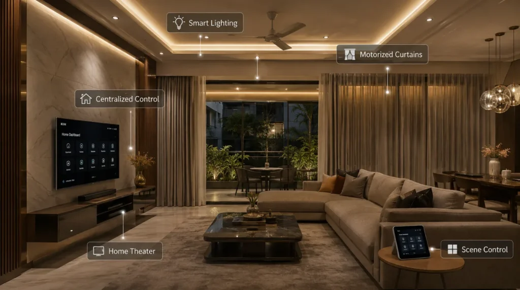 KNX Wired Automation controlling smart lighting and motorized curtains in a luxury Sangli villa