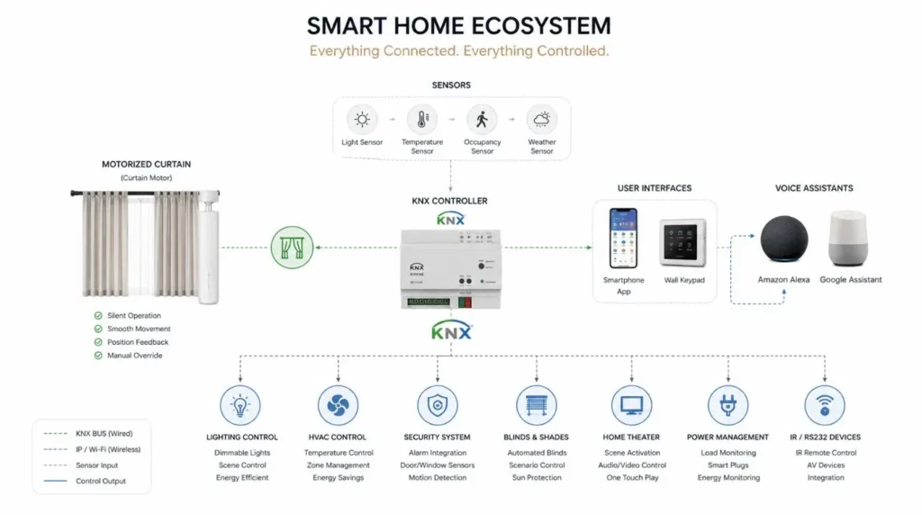 Motorized Curtain System connected with lighting, HVAC, sensors, and smart home automation platform.