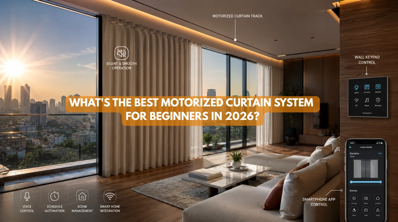 Motorized Curtain System installed in a modern smart home with automated wave-fold curtains, concealed smart track, and luxury home automation integration.