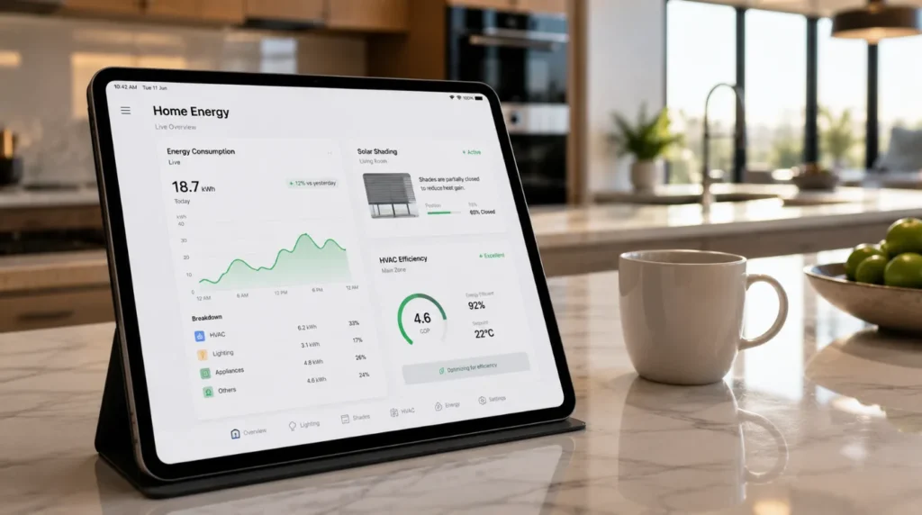Tablet interface displaying analytics for smart home energy management in Navi Mumbai