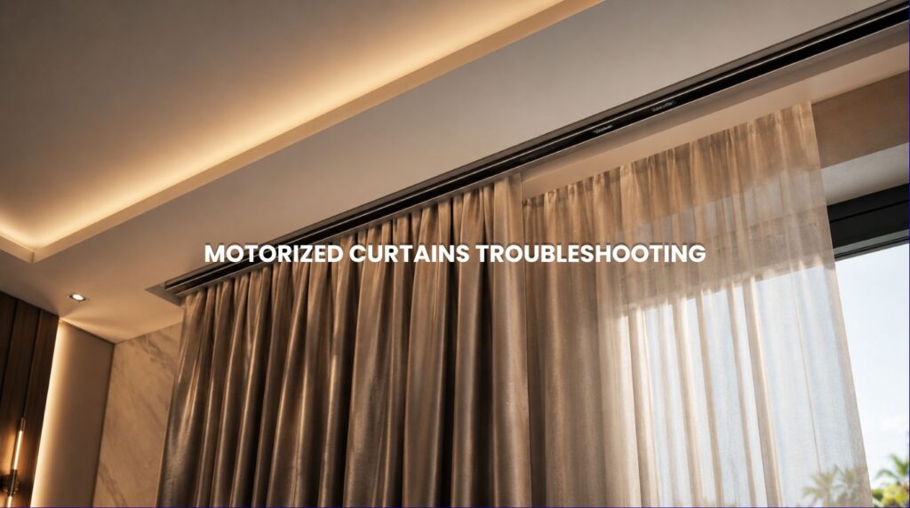Luxury residential master suite featuring premium automated window treatments optimized for motorized curtains troubleshooting