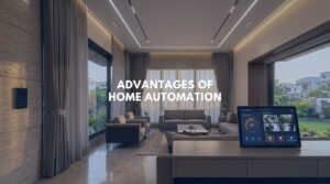 A luxury modern Indian villa living room demonstrating the primary advantages of home automation with stable, wired technology and climate control.