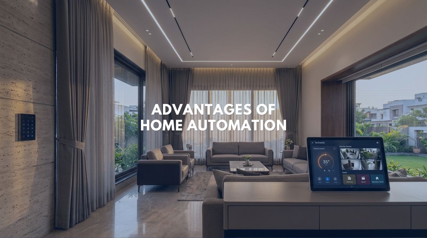 A luxury modern Indian villa living room demonstrating the primary advantages of home automation with stable, wired technology and climate control.