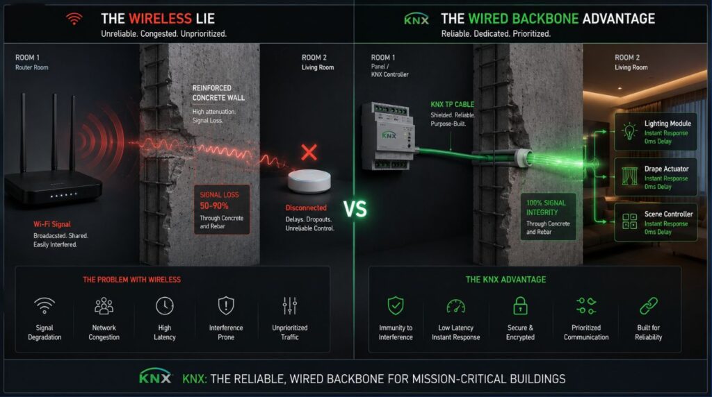 An infographic comparing wired and wireless system advantages of home automation, showing wired signals bypassing thick concrete walls that block Wi-Fi.