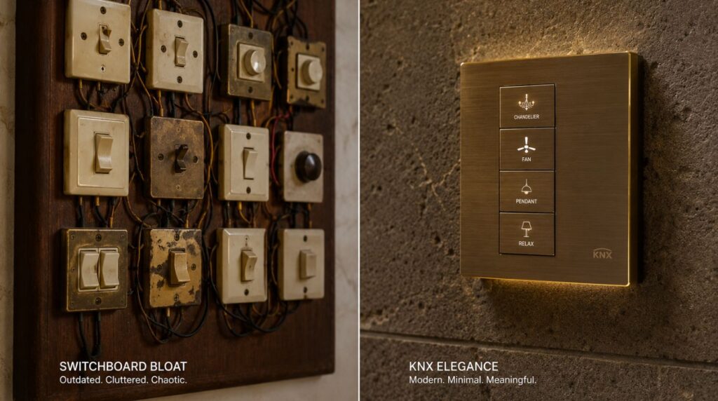 Comparison: Traditional cluttered wooden switchboard vs. a single elegant minimalist KNX wired automation brass keypad for a heritage home.