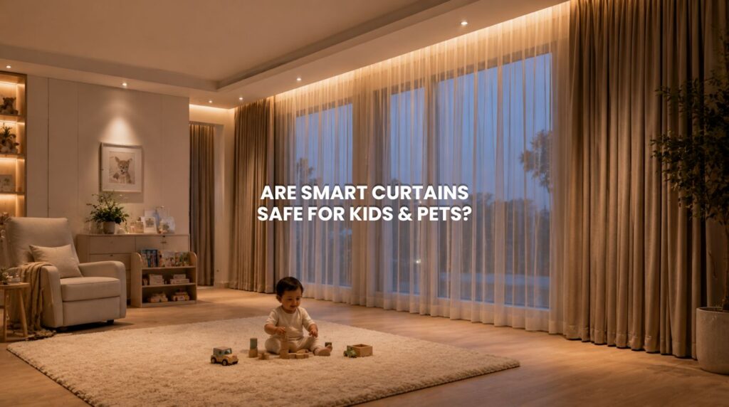 Child safe motorized smart curtains installed in a modern luxury home