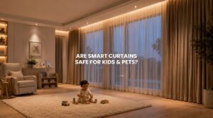 Child safe motorized smart curtains installed in a modern luxury home