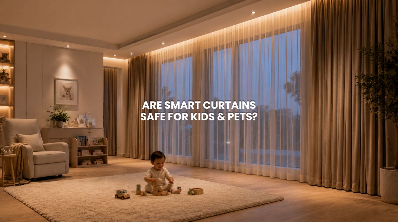 Child safe motorized smart curtains installed in a modern luxury home