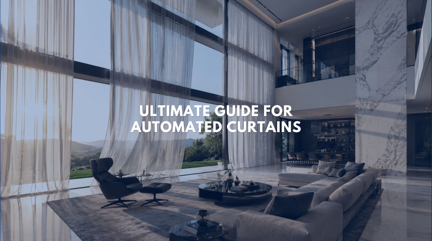 Elite double-height living room with floor-to-ceiling windows and automated curtains in a luxury villa.