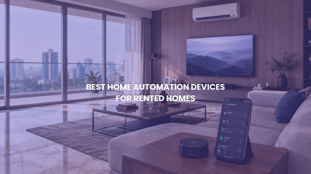 A wide interior perspective view of a premium modern high-rise rental apartment in Navi Mumbai featuring portable home automation devices like smart plugs and tabletop blasters.