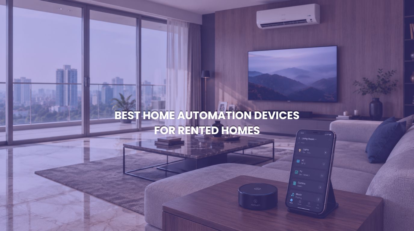A wide interior perspective view of a premium modern high-rise rental apartment in Navi Mumbai featuring portable home automation devices like smart plugs and tabletop blasters.