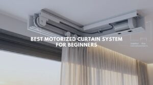 A hyper-realistic wide-angle view of a luxury penthouse in Navi Mumbai showing the seamless integration of a high-end motorized curtain system track during golden hour.
