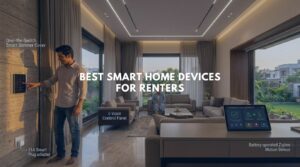 A high-resolution photo inside a luxury modern 3BHK Navi Mumbai apartment, showing seamless, no-drill smart home devices for renters like retrofitted lighting controls and a smart lock, bathed in golden hour light.