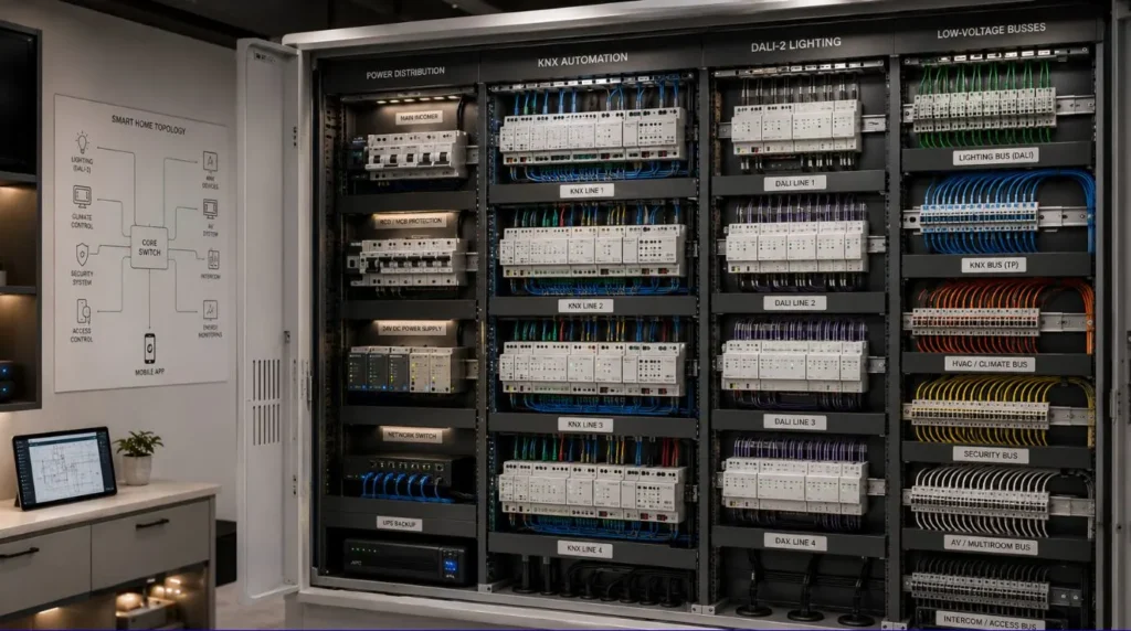 A centralized electrical panel showing hardwired structural controllers designed for a comprehensive smart home automation guide