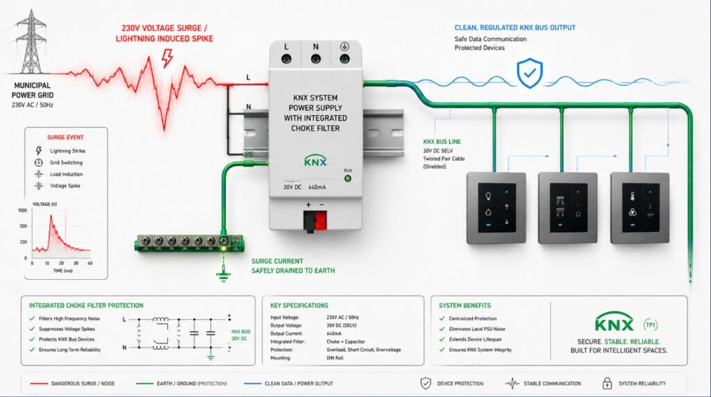 An engineering line diagram detailing how a centralized KNX system power supply utilizes physical choke filters to safely isolate luxury fixtures from grid voltage surges.