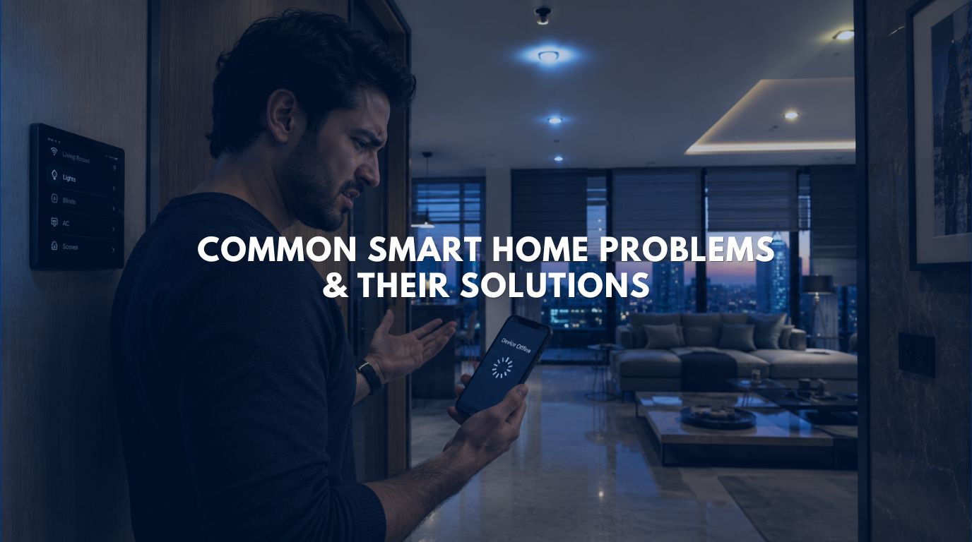 A high-end penthouse interior experiencing common smart home problems like an unresponsive smartphone app and frozen lighting systems.
