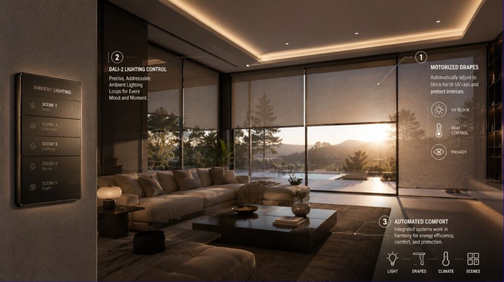Integrated daylight harvesting and architectural lighting layout within a smart home automation guide