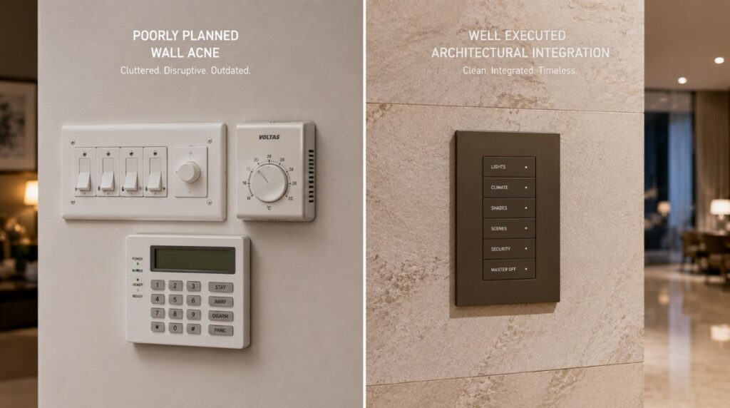 A side-by-side comparison of a cluttered wall with multiple controls versus a single integrated luxury keypad plate from a premium smart home installation.