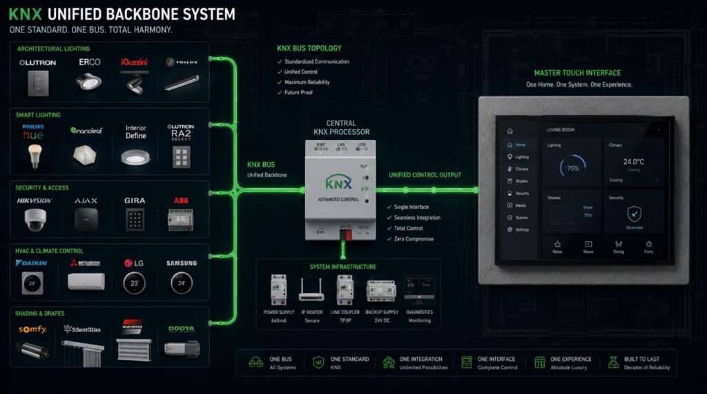 A structural diagram showcasing how a unified backbone platform resolves brand incompatibility and common smart home problems.