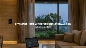 A weary tech-savvy engineer rests his head in his hands, completely exhausted by a complex and failed wireless diy smart home installation in his luxury study.