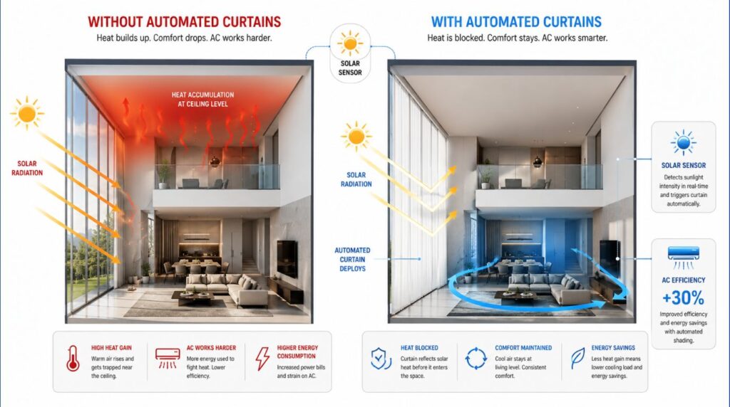 Technical infographic showing how automated curtains block solar heat in high-ceiling rooms.