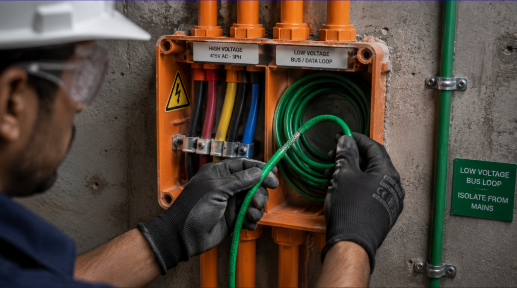 Pulling low voltage green bus cabling during the first fix stage of a smart home installation timeline