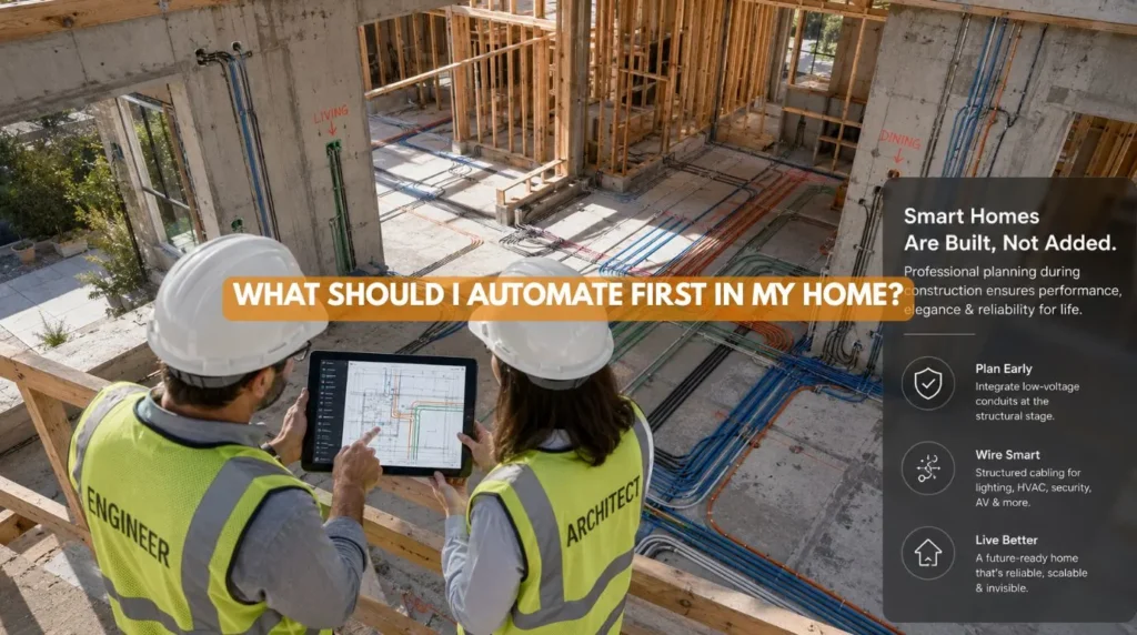 An engineering blueprint overlaid on a raw villa construction site outlining a premium smart home automation guide framework