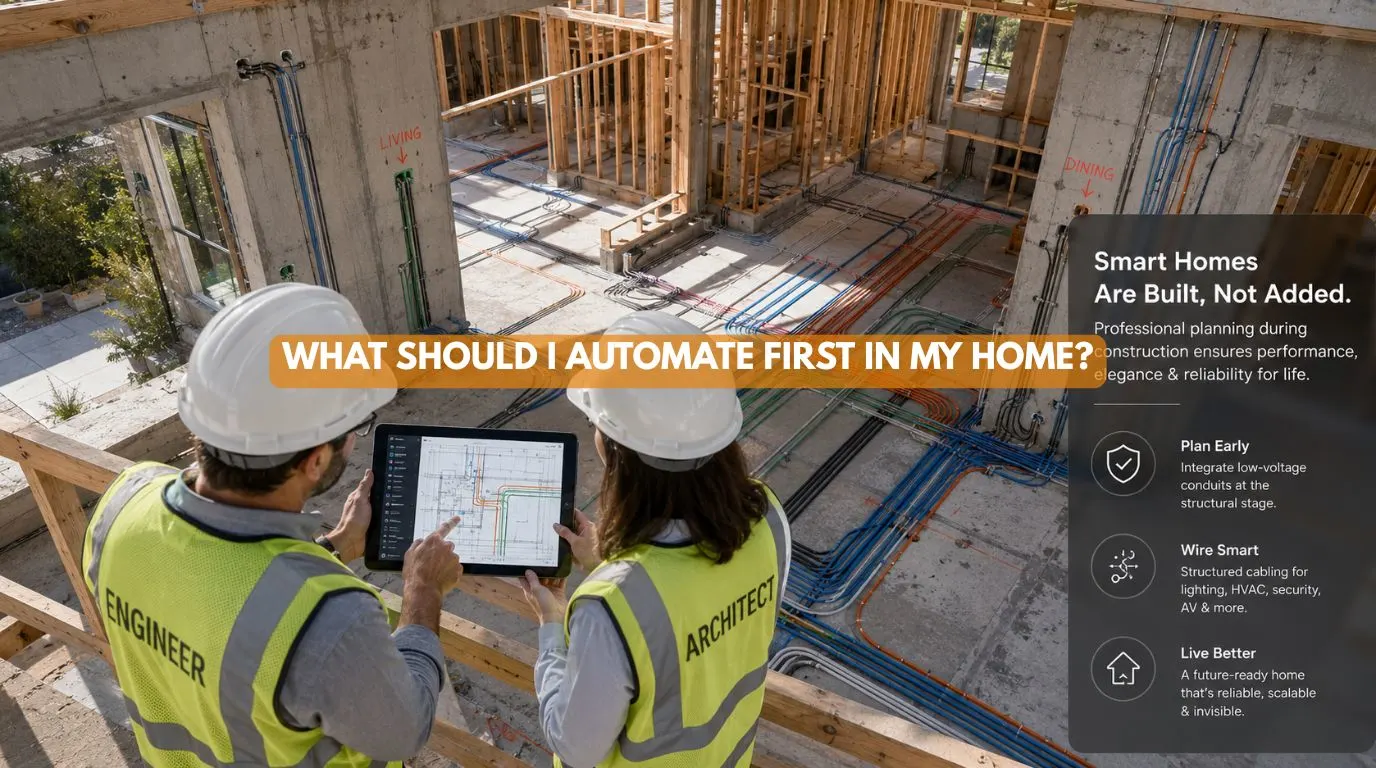 An engineering blueprint overlaid on a raw villa construction site outlining a premium smart home automation guide framework