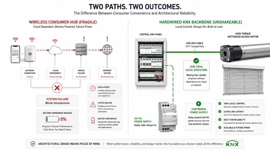 A minimalist infographic comparison detailing the unshakeable constant torque of a hardwired local network versus the system failure of a wireless battery-powered motor for motorized blinds.