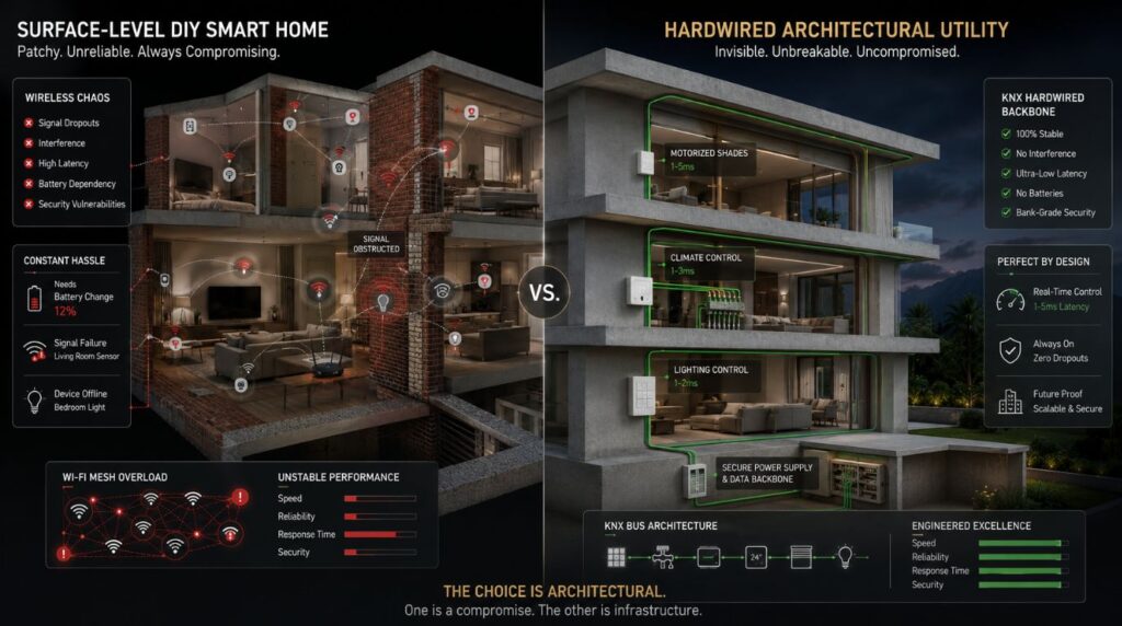 A detailed comparison visualization showing a vulnerable wireless mesh network in a messy diy smart home contrasted against a robust, hidden hardwired bus system.