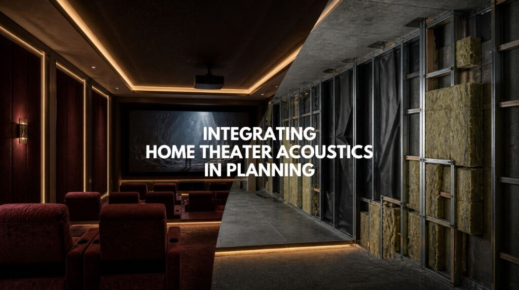 A high-end architectural 3D render showing a luxury home cinema on one side, peeling back to reveal the hidden technical acoustic insulation and bass traps behind the finished walls, illustrating the core concept of early-stage home theater acoustics planning.