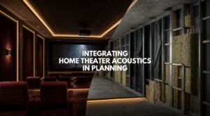A high-end architectural 3D render showing a luxury home cinema on one side, peeling back to reveal the hidden technical acoustic insulation and bass traps behind the finished walls, illustrating the core concept of early-stage home theater acoustics planning.