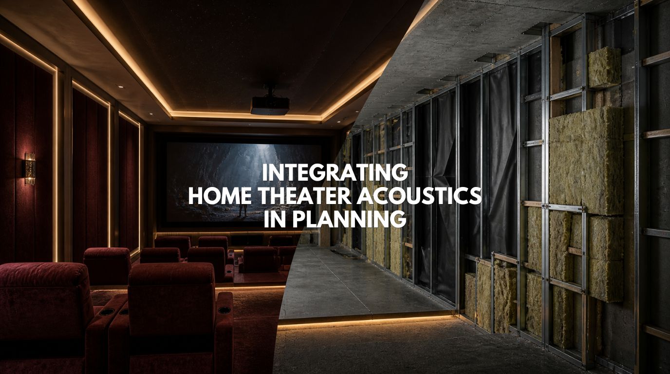 A high-end architectural 3D render showing a luxury home cinema on one side, peeling back to reveal the hidden technical acoustic insulation and bass traps behind the finished walls, illustrating the core concept of early-stage home theater acoustics planning.