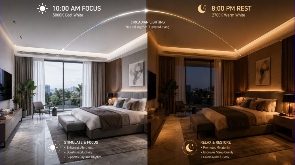 A side-by-side split visual diagram detailing automated color temperature shifting via an advanced KNX lighting control DALI gateway.